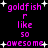 Pixelated text in bright pink on black background with white starbursts, repeating 'goldfish' and 'awesome' phrases.