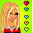 A 4x4 contact sheet of a pixel art animated buddy icon featuring a blonde cartoon woman with red top and white collar, surrounded by heart symbols on green background, with text phrases at bottom.