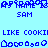Pixelated blue text and shapes on light cyan background with repeated 'SAM' labels, showing animated cookie-like objects in motion.