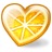 Heart-shaped orange slice with segmented interior, brown outer edge, and light background.