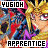 Pixelated contact sheet of two animated frames showing a blonde anime-style character with closed eyes and red lips, surrounded by colorful abstract background elements, with text overlays reading YUGIOH at top and APPRENTICE at bottom.