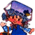 Pixelated cartoon character with blue outfit and purple hat, holding a white star-like object against transparent background.