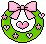 Pixel art wreath with green foliage, pink bow, and heart-shaped center on gray background.