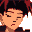 Pixelated character with black hair and red highlights, shown in two sequential expressions against a light gray background.