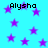 Cyan background with scattered purple stars and repeated black text 'Alysha' in pixelated font.
