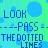 Pixelated blue text reads 'LOOK', '--PASS--', and 'THE DOTTED LINES' over a green-blue striped background with scattered white plus signs and blue circles.