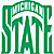 Green pixelated text 'STATE' with an arching banner above reading 'MICHIGAN', all on a white background.