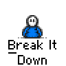 Animated contact sheet of a pixelated blue character performing various gestures with the text "Break It Down" below each frame on a gray background.