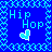 Blue square icon with light blue pixelated border, 'Hip Hop' text in light blue pixels, and a small heart symbol below the text.