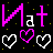 Pixel art icon with pink and white text, three hearts, and yellow dots on black background.