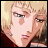 Pixelated anime-style portrait of a character with blonde hair and closed eyes, next to stylized text on a black background.