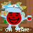 Pixelated red circular character with smiling face, light blue limbs and headpiece, holding a glass of red liquid against brown background with "OH YEAH!" text below.