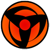 Nine circular orange and black symbols with red centers arranged in a , each showing distinct rotational variations of the same design