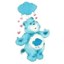 Pixelated blue Care Bear with cloud-shaped belly badge, pink heart particles floating upward, static single-frame image on white background.