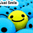 Pixelated yellow smiley face with black eyes and mouth, surrounded by blue and pink shapes on a dotted background.