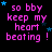 identical text-based icons with pink 'so bby keep my heart beating!' text and blue stars on a black background, one grayed out