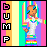 Pixelated character in white outfit with rainbow accents stands against striped background, text "BUMP" vertically on left side.