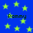 Blue background with scattered yellow stars and repeated black text reading "Pommy" in pixelated font.
