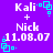 Purple background with white text reading "Kali + Nick 11.08.07" and cyan square-shaped pixel art elements in four corners.