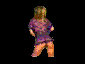Animated sequence of a figure in purple patterned clothing and orange pants viewed from behind, performing a repeated motion against a black background.
