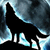 Black silhouette of a wolf howling against a pixelated blue and gray background with light blue accents.