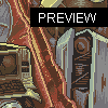 Pixel art image showing a scrapyard scene with rusted metal structures, computer equipment, and a large sword-like object under a black banner reading PREVIEW.