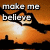 Animated sequence showing hands forming a heart shape over a sunset cityscape with text reading "make me believe" and "miracles can happen."