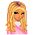 Pixel art of a blonde girl with long hair wearing a pink top, next to a pink coat and white pants on a white background.