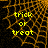 Yellow pixelated text 'trick or treat' on a black background with orange spiderweb pattern, displayed in four