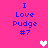 Pixelated pink background with blue text "I Love Pudge #7" and two heart icons in white and light pink.
