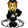 Animated character with brown and yellow hair, black outfit, and white cloud base, showing facial expression changes and text variations.