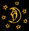 Golden crescent moon with a stylized face and stars on a black background, animated with shifting star positions.