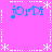 Pixelated blue text 'jordi' with musical note on pink background, framed by white dashed lines and asterisks in four quadrants.