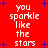 Red background with white text reading 'you sparkle like the stars' and blue star symbols scattered throughout, displayed in a