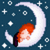 Pixelated image of a red-haired figure sleeping on a crescent moon against a starry night background.