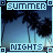 Animated contact sheet of a summer-themed buddy icon featuring palm trees and text overlays in blue tones.