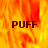 Animated fire background with three instances of the word "PUFF" in dark brown text on orange-yellow flames.