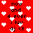 Red background with white pixelated hearts and repeated black text phrases including 'now', 'and', '4 ever', 'i luv', 'aj <3' scattered across the image.