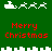 Green background with red "Merry Christmas" text and white pixelated Santa sleighs and reindeer in two , separated by a white cityscape-like border