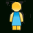 Pixelated figure with yellow circular head, blue sleeveless top, and yellow lower body against dark background.