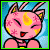 A 4-frame animated contact sheet of a pink cartoon cat with yellow crescent marks, closed eyes, and red mouth showing different poses against a blue background.