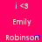 Pixelated text on bright pink background: 'i <3' at top, 'Emily' in middle, 'Robinson' with blue heart symbol replacing final 'n' at bottom.