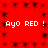 Red background with repeating black starburst patterns and four instances of white pixelated text reading "Ayo RED !" arranged in two