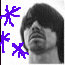 Black-and-white portrait of a person with changing facial expressions and hair positions , accompanied by purple starburst symbols