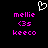 Pixelated icon with white heart outline above pink text reading 'mellie', '(3s)', and 'keeco' on black background.