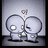 Two pixelated figures with large round heads stand side-by-side, one winking while the other has a glowing eye; small pink flower above them on gray background.