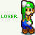 Pixelated green text 'LOSER.' on left, pixel art character with green hair and blue overalls on right against light background.