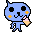 Pixel art contact sheet showing two frames of a blue cartoon character with black eyes, yellow plus signs on cheeks, and pink-and-yellow ice cream cone held in right hand against white background.