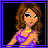 Pixelated character with brown curly hair and green eyes in purple top, surrounded by six black with blue text fragments