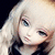 A doll with long blonde hair and blue eyes in three poses: looking left, neutral, and looking down.